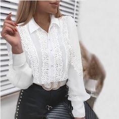 Lace Patchwork Hollow Out Long Sleeve Crew Neck Button Mesh White Vintage Shirt









 Measurement difference from 1-3cm,1 cm=0.39 inch







Size/Tag

Bust

Sleeve

Length





Cm/Inch

Cm

Inch

Cm

Inch

Cm

Inch





S

90

35.10

59

23.01

60

23.40





M

94

36.66

60

23.40

61

23.79





L

98

38.22

61

23.79

62

24.18





XL

102

39.78

62

24.18

63

24.57





2XL

106

41.34

63

24.57

64

24.96 Collar Shirts Women, Suit Green, Women Lace Blouse, Crochet Lace Blouse, Girl Night, Patch Work Blouse, White Collared Shirt, Dog Pets, Lucky Dog