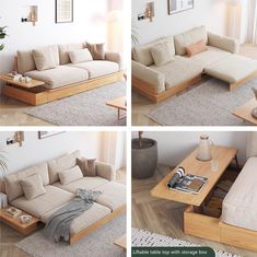 three different pictures of a living room with couches and coffee tables in it,