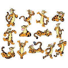 a group of cartoon tigers sitting and standing in the air with their heads turned to look like they are doing different things