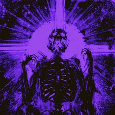 a purple and black image of a skeleton sitting in the middle of a field with his hands up