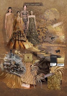 a collage of women in dresses and accessories on a brown background with gold accents