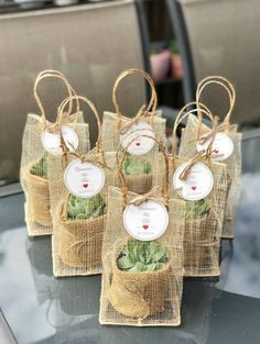 small bags filled with succulents sitting on top of a glass table covered in burlap