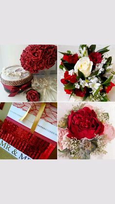 red and white flowers are arranged in four different pictures, including one for the bride's bouquet