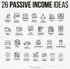 the 25 passive income ideas are shown in black and white