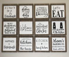 six wooden signs with kitchen sayings on them hanging on the wall above a stove