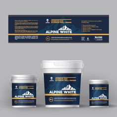 the alpine white packaging design is shown with two buckets and one container in front