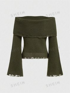 Color:Army Green \nSleeve Length:Long Sleeve \nLength:Crop \nTemperature:Late Fall (10-17℃/50-63℉) \nFit Type:Slim Fit \nFabric:Slight Stretch \nMaterial:Knitwear \nComposition:100% Polyester \nCare Instructions:Hand wash or professional dry clean \nSheer:No \n Distressed Sweater, Embroidery Sweater, Distressed Sweaters, Late Fall, Spring Sweater, Women Sweaters, Green Sweater, Knitwear Women, Flared Sleeves