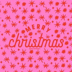 the word merry christmas is written in red on a pink background with snowflakes