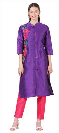 Purple and Violet color Salwar Kameez in Raw Silk fabric with Embroidered, Resham, Thread work Luxury Purple Art Silk Salwar Kameez, Color Kurti, Raw Silk Fabric, Violet Color, Salwar Kameez Designs, Zari Work, Thread Work, Raw Silk, Salwar Kameez