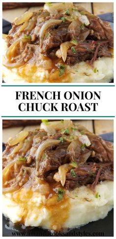 french onion chuck roast on top of mashed potatoes