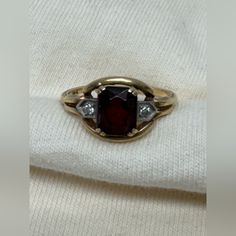 Questions? Leave A Comment Below! Estate Found 14k Tested And Marked Garnet And Diamond Accents Measurements Are Shown In Pictures I Have Been An Antique Dealer For Decades. Familes Come To Be To Help Them Move Their Loved Ones Estates. Please Visit Me Often To See What Estate Fresh Items I Have! I Try To Price According To What Has Sold And The Precious Metals And Stones Used And Rarity Of The Items, But Welcome Offers. Purchase With Confidence! Thanks Elisa Formal Garnet Rings With Accent Stones, Elegant Garnet Ruby Ring Stamped 14k, 14k Stamped Garnet Ring, 14k Stamped Garnet Ring Jewelry, Stamped 14k Garnet Ring Jewelry, Classic Ruby Diamond Ring, Classic Formal Gemstones With Diamond Accents, 14k Gold Ruby Ring For Formal Occasions, Formal Yellow Gold Ruby Ring