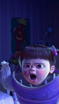 an animated character in a purple blanket with her mouth open