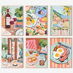 four paintings of food and wine are featured in this set of four prints, each with an image of a breakfast scene