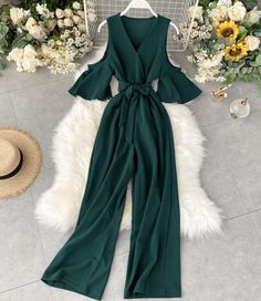 Simple v-neck jumpsuitFabric: blendedColor: red, black, green, rust redSize(cm): free sizelength 130 bust 90 waist 64-72 Chic Green V-neck Jumpsuit, Casual V-neck Jumpsuits And Rompers For Party, Trendy Green Solid Color Jumpsuits And Rompers, Womens Summer Jumpsuits, Commuter Style, Bandage Jumpsuits, Belt Wide, Off Shoulder Jumpsuit, Bow Belt