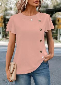 ROTITA Button Pink Round Neck Short Sleeve T Shirt Blouse Back Neck Designs, Round Neck Shirt, Crew Neck Shirt, Casual Blouse, Trendy Tops, Neck Shirt, Fashion Tops, Printed Blouse, Black Blouse