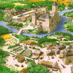 an aerial view of a medieval town and river