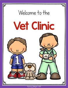 the vet clinic sign with two children and a dog