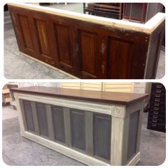 an old dresser is transformed into a sideboard with paint and wood paneling to look like it has been stained