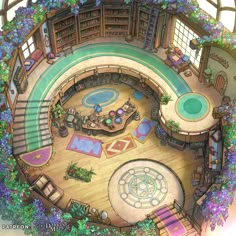 an aerial view of a library with lots of books on the shelves and flowers growing all around