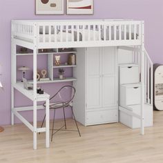 a loft bed with desk underneath it in a purple walled room next to a white dresser