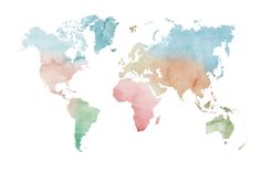 watercolor map of the world on white background with blue, pink and green colors