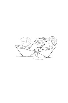 a drawing of two children in a paper boat