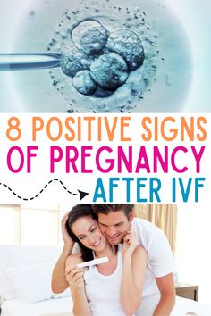 a man and woman in bed with the text 8 positive signs of pregnancy after ivf