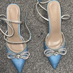 They Were Only Worn Twice, Size 38 Eu, And 7.5 Us Elegant Light Blue Heels For Evening, Chic Light Blue Heels For Formal Occasions, Chic Light Blue Formal Heels, Light Blue Heels With Heel Strap For Evening, Elegant Light Blue Heels With Wrapped Heel, Chic Light Blue Heels For Party, Elegant Light Blue Party Heels, Chic Light Blue Party Heels, Elegant Light Blue High Heels