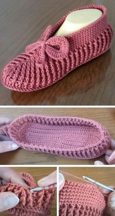 crocheted slippers are being made with yarn