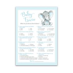 a baby shower game with an elephant on the front and blue lettering that says, what do