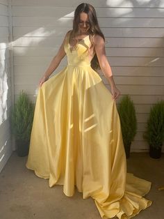 A-Line/Princess Satin V-neck Sleeveless Ruffles Sweep/Brush Train Dresses Prom Dress Evening, Prom Dresses Yellow, Make Your Own Dress, Long Train, Dress Evening, Long Prom Dress, Satin Dress, Evening Dresses Prom, Dress Long