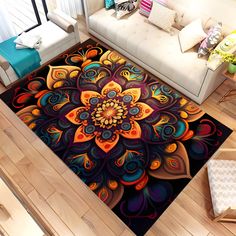 a living room area rug with an abstract flower design on the center and back side