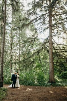 a bride and groom standing in the woods