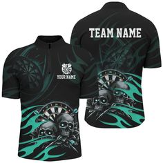 a black polo shirt with green and white skulls on it, the name team name your name