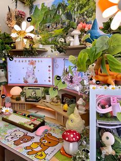 a desk with many plants and pictures on the wall above it, along with other decorations