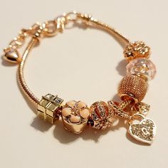 Beautiful Rose Gold Plated Charm Bracelet Rose Gold Charm Bracelet, Rose Gold Charm Bracelet For Valentine's Day Party, Mother's Day Rose Gold Charm Bracelet, Colorful Bangles, Princess Charming, Plastic Bangles, Summer Anklets, Locket Bracelet, Rose Gold Charms