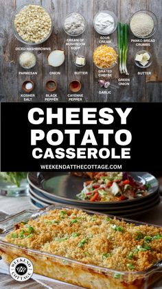 A casserole dish with bubbly CHEESY POTATO CASSEROLE plus, a second image of the ingredients needed to make it! Cottage Recipes, Mom Breakfast, Pork Roast In Oven, Cheesy Potato Casserole, Cheese Cheddar, Easy To Make Dinners, Cheesy Potato, Drink Inspiration, Cheese Butter