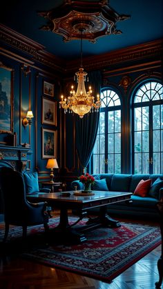 a living room filled with furniture and a chandelier hanging from the ceiling next to two large windows