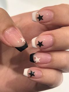 Gell Nails Extensions Design, Pentagram Nail Art, Simple Cute Acrylic Nail Designs, Nail Art Designs Checkered, Acrylic Nails Ideas Y2k, French Tip Nails With Star Design, Downtown Girl Nails Short, Short Basic Nail Ideas, Teen Nails Ideas