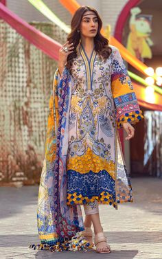 Pakistani Eid Dresses in White and Blue Kameez Salwar Pakistani Eid Outfits, Pakistani Eid Dresses, Blue Kameez, Daman Design, Lawn Work, Eid Outfit, Embroidered Motifs, Blue And White Fabric, Printed Dupatta