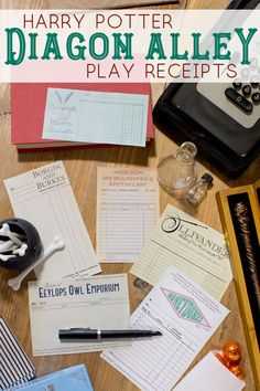 harry potter's dragon alley play receipts on a table with some pens and pencils