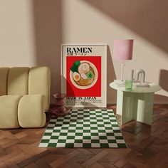 a living room with a checkered rug and painting on the wall