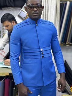 Elegant Blue Stand Collar Blazer, Elegant Blue Blazer With Stand Collar, Blue Long Sleeve Bandhgala For Groom, Groom's Tailored Long Sleeve Sherwani, Tailored Long Sleeve Sherwani For Groom, Tailored Long Sleeve Sherwani, Men Wedding Dress, African Men Clothing