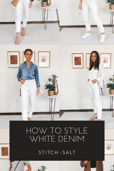 a collage of six different outfits with white denim Straight Leg White Jeans Outfit, Shoes With White Jeans, White Jeans Outfit Summer Work, White Cropped Jeans Outfit, Casual White Jeans Outfit Summer, White Crop Jeans Outfit, White Jeans Spring Outfit, White Mom Jeans Outfit, White Pants Outfit Spring