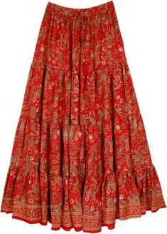 A beautiful paneled long pixie skirt, perfect for a little taller woman - with a deep red hue; this skirt is a vibrant must-have! It has a a great fall and a magical look, complete with an elastic drawstring waist which brings comfort and flexibility. The design on the skirt has a lovely paisley style print. #tlb #Tall #MaxiSkirt #Floral #redlongskirt Red Flared Maxi Skirt For Fall, Fall Red Maxi Skirt, Fall Red Lined Maxi Skirt, Bohemian Red Skirt For Fall, Red Tiered Skirt For Fall, Red Tiered Gathered Maxi Skirt, Red Gathered Tiered Maxi Skirt, Bohemian Red Ruffled Maxi Skirt, Red Bohemian Tiered Maxi Skirt