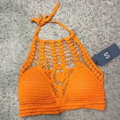 Hand Crochet Halter Top - 100% Cotton - Knit Crochet - Deep V-Neck - Crop - String Tie And Tassel Detail - Burnt Orange Beachwear Crochet Knit Top, Fitted Crochet Top With Hollow Out Details, Summer Hollow Out Crochet Top, Fitted Orange Crochet Top For Vacation, Trendy Open Knit Crop Top For Beach, Orange Knitted Summer Tops, Summer Orange Knitted Tops, Fitted Open Knit Crop Top For Vacation, Orange Crochet Top For Summer