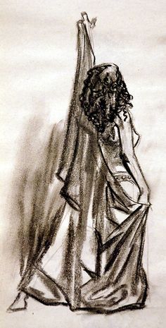 a black and white drawing of a woman with her arms up in the air, wearing a dress