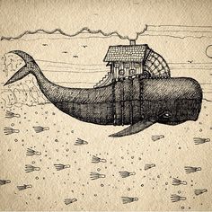 a drawing of a whale with a house on its back