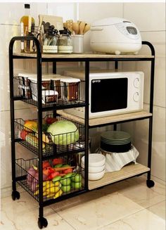 a microwave sitting on top of a shelf filled with food