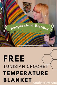 a woman sitting on top of a couch holding a colorful crochet blanket with text overlay reading free turkish crochet temperature blanket